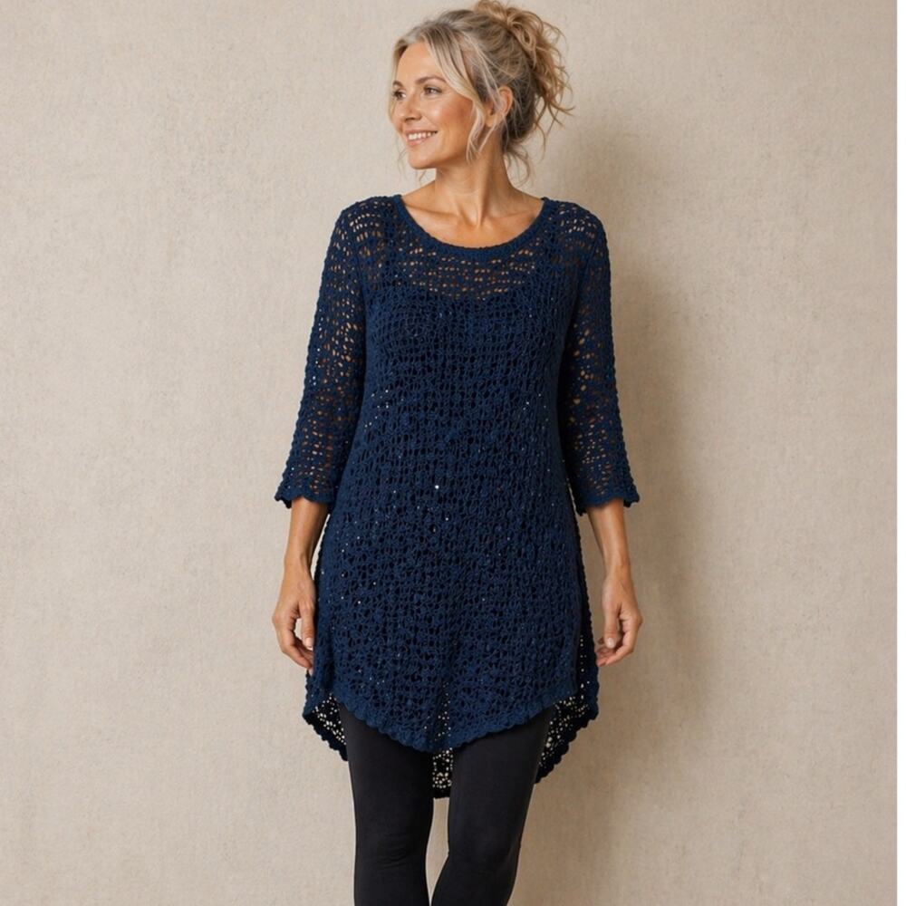 Lost River Clothing Hand Made Crochet Tunic Women size S/M Navy Blue 3/4 Sleeve